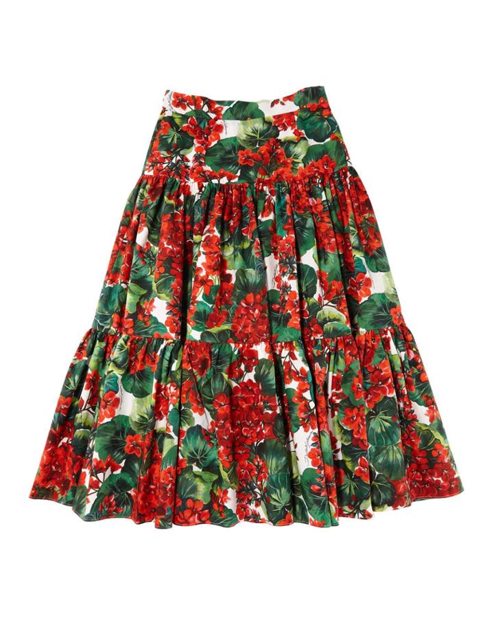 Girl's Geranium Print Tiered Poplin Skirt,