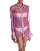 Jetset Striped Button-front Coverup Blouse