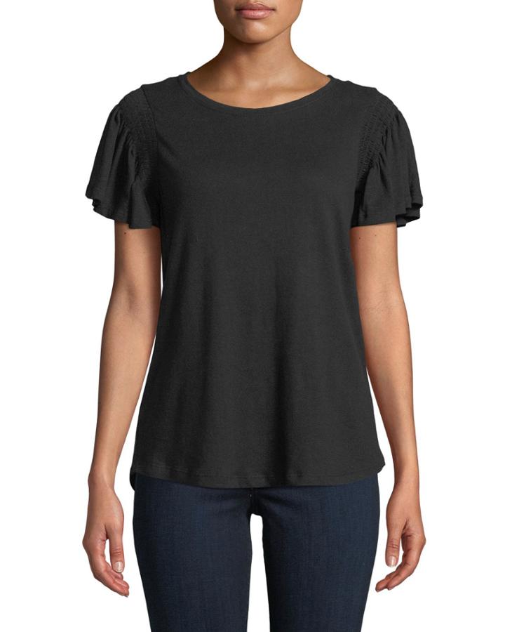 Flutter-sleeve Smocked-trim Top