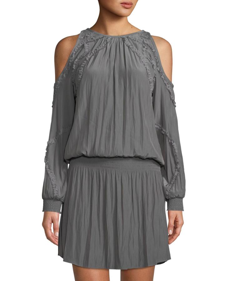 Taima Cold-shoulder Blouson Dress W/ Ruffled Trim