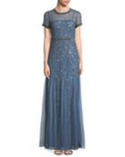 Beaded Cap-sleeve Illusion Gown