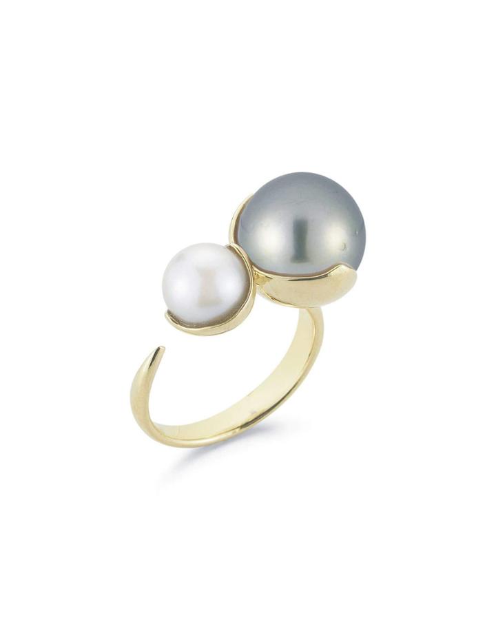 Fluid Double Pearl Open Ring In 14k Yellow Gold
