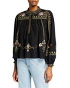 Long-sleeve Embroidered Silk Peasant Blouse
