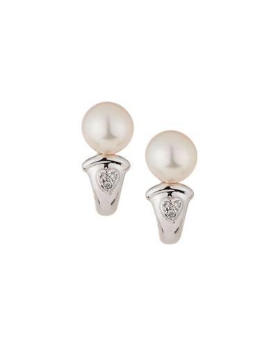 14k White Gold Pearl & Diamond Heart Drop Earrings,