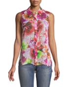 Floral-print Sleeveless Button-front Blouse