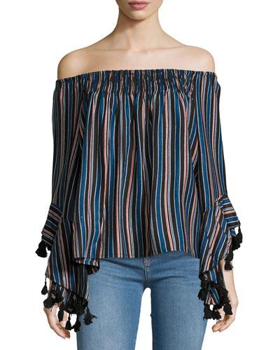 Off-the-shoulder Striped Blouse, Black Pattern