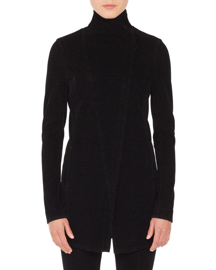 Zip-front Long-sleeve Houndstooth Velvet Biker Jacket