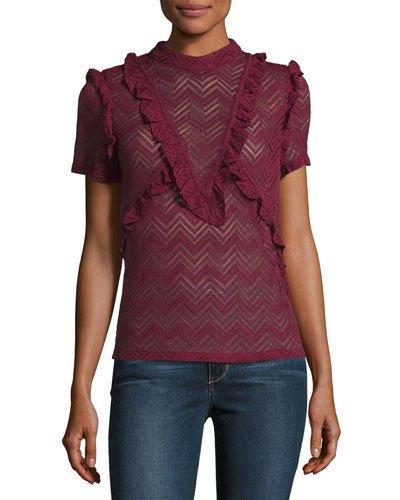Ruffled Semisheer Lace Top, Dark Red