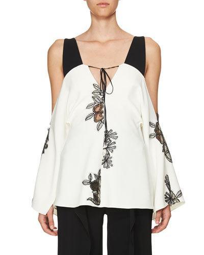 Lace-inset Cold-shoulder Top, White/black