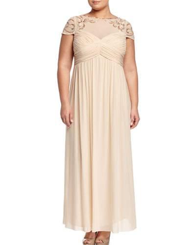 Sequined Short-sleeve Empire Gown, Champagne, Women's