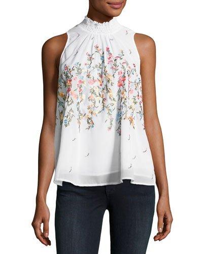Sleeveless Smocked-neck Top, White Pattern