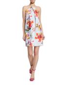 Floral Pinch-neck Halter Dress With Keyhole