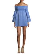 Off-the-shoulder Bell-sleeve Chambray