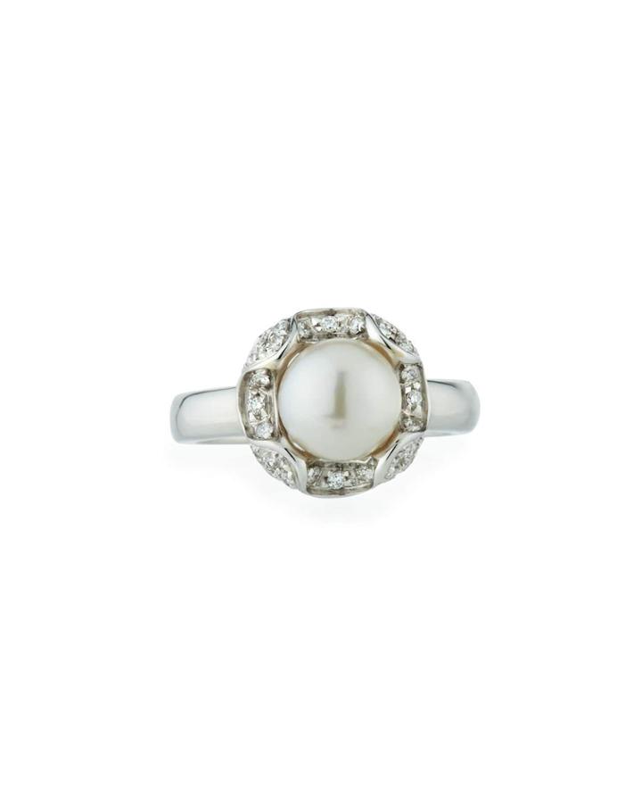 Round 18k White Gold Pearl & Diamond Ring,