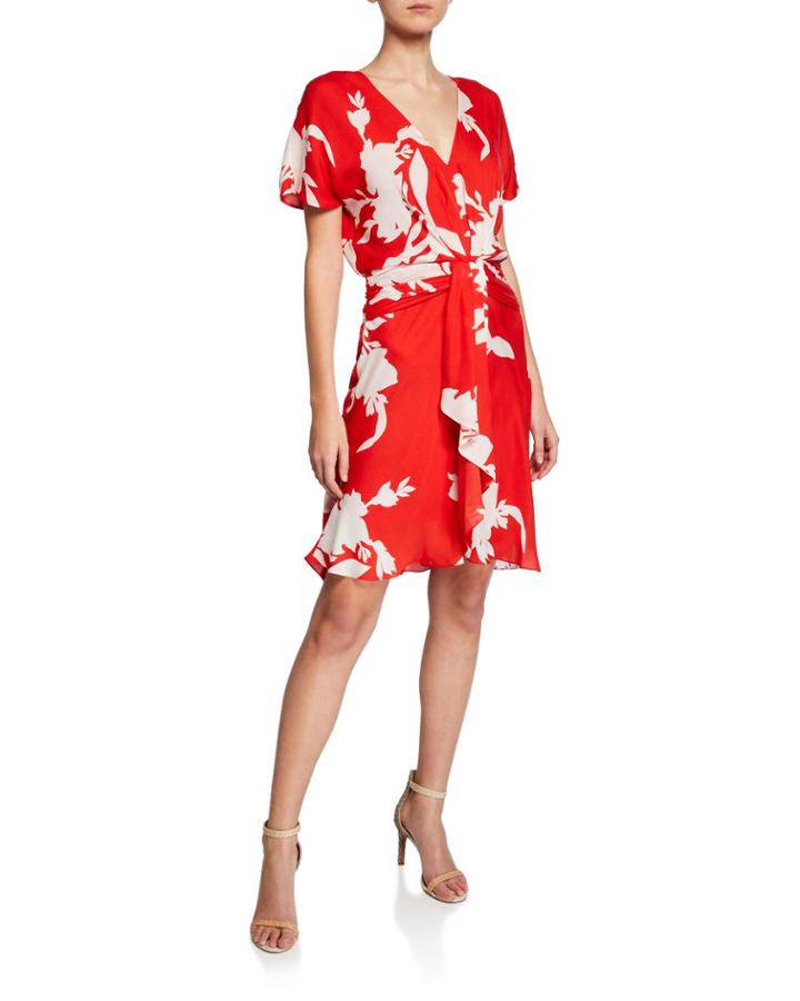 Ashleena V-neck Short-sleeve Dress W/ Draped Ruffle