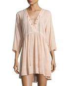3/4-sleeve Lace-up Cover-up Dress, Blush