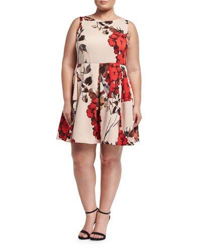Floral-print Scuba A-line Dress, Orange,