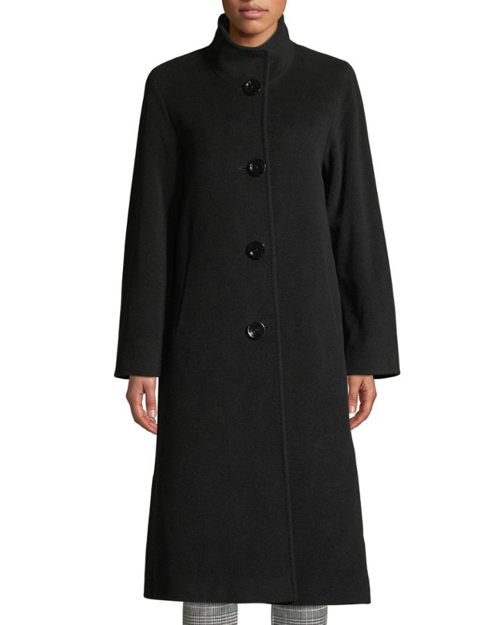 Funnel-neck Button-front Wool-blend Coat