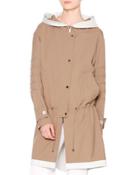 Waterproof Hooded Drawstring Coat, Almond/chalk