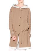 Waterproof Hooded Drawstring Coat, Almond/chalk