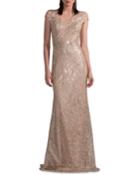 Embroidered Gown W/ Metallic Floral Applique