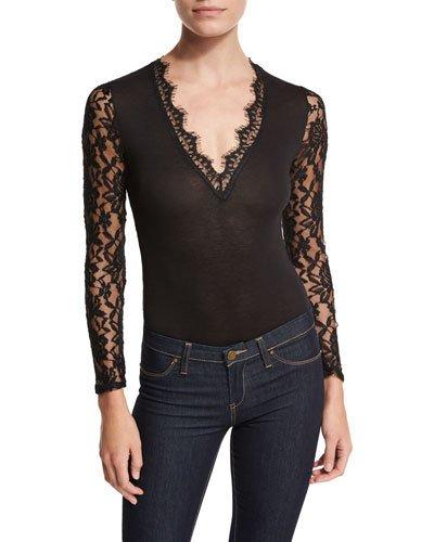 Long-sleeve Sheer-lace Bodysuit, Black