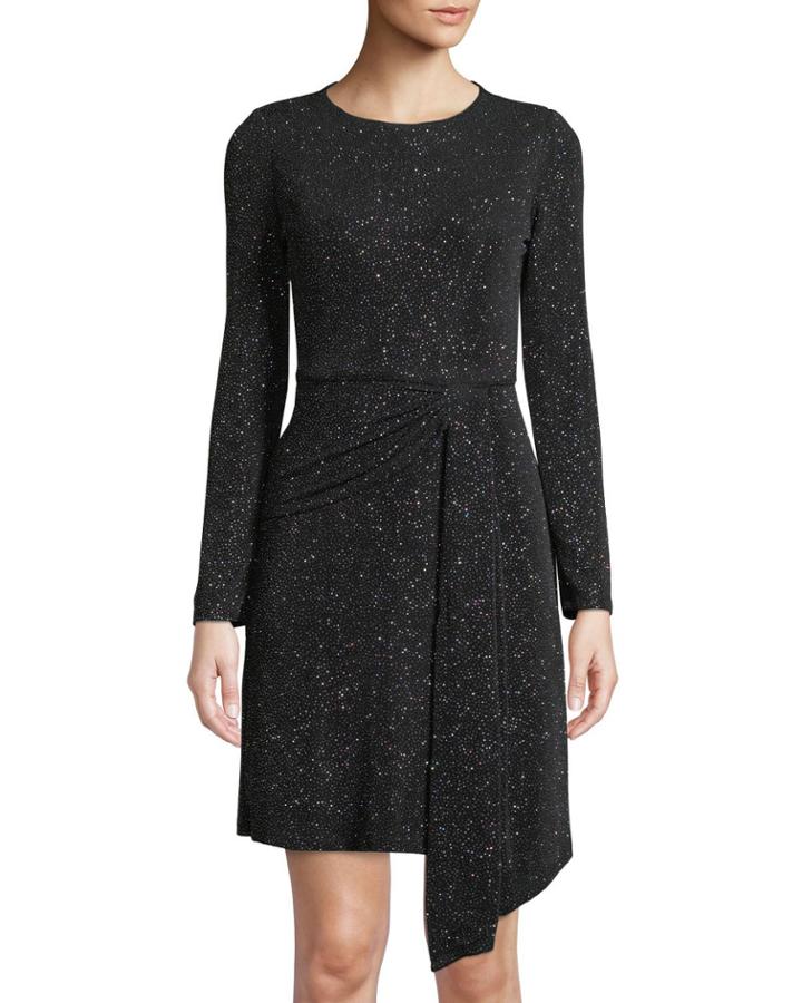 Long-sleeve Shimmered Drape-skirt Dress