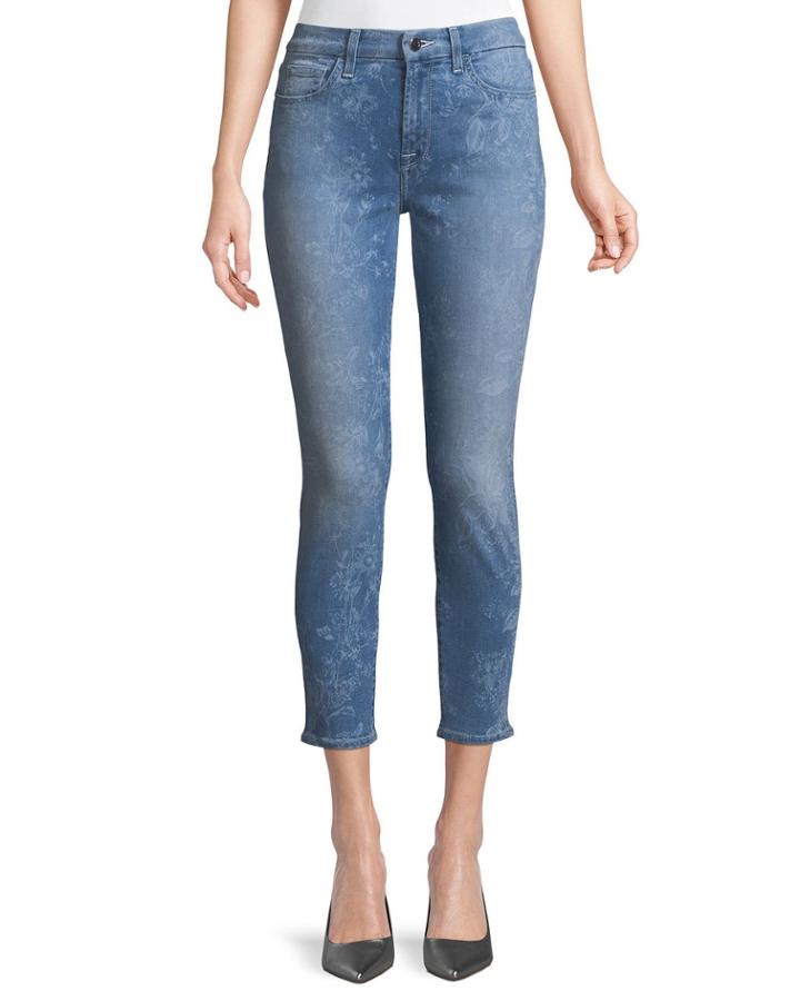 Laser Botanical-print Skinny Ankle Jeans