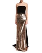Strapless Velvet Sequined Column Gown