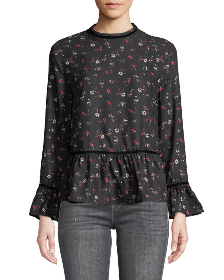 Megan Floral Velvet-trim Ruffle Blouse