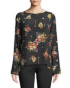 Scented Garden Long-sleeve Crepe De Chine Top