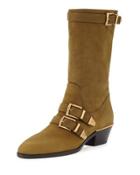 Suede Buckle Mid-calf Boot, Dark Khaki