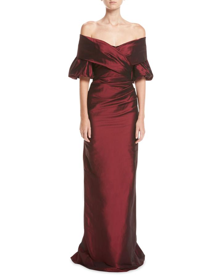 Off-the-shoulder Portrait Puff-sleeve Taffeta Evening Gown