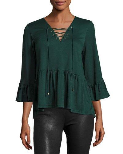 Lace-up Bell-sleeve Peplum Blouse, Hunter Green
