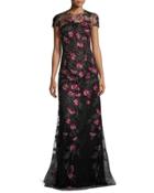 Cap-sleeve Floral Tulle Gown, Pink/gold/black