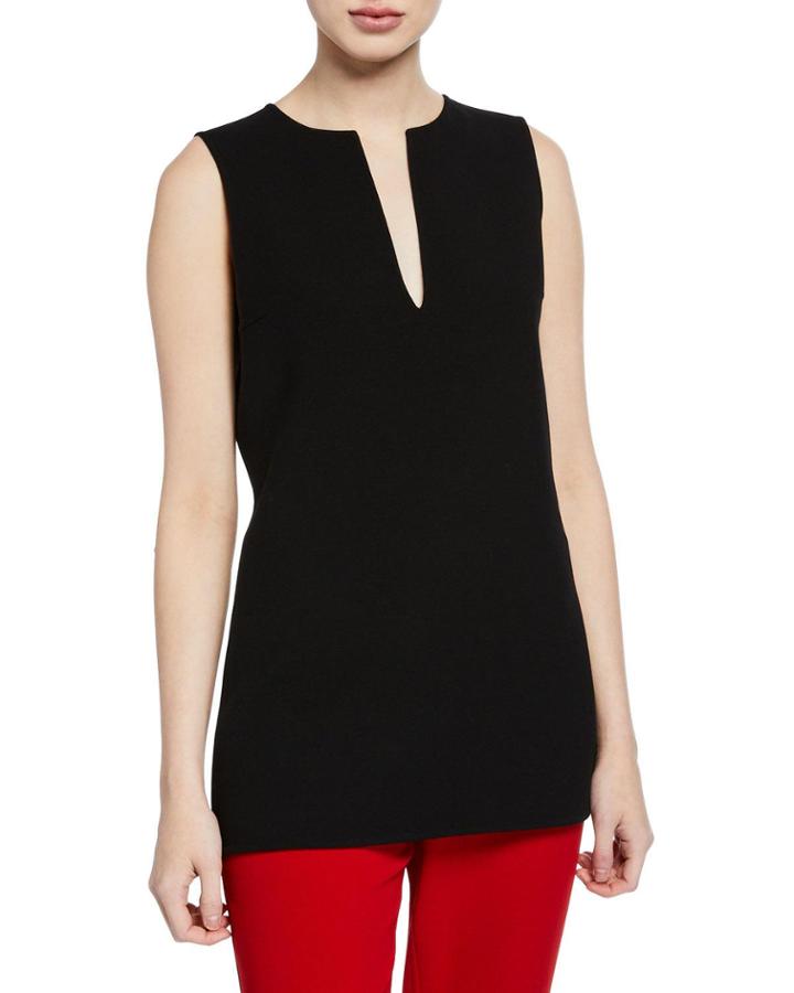 Plunge-neck Sleeveless Wool Top, Black