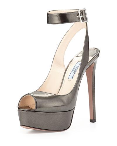 Metallic Ankle-wrap Platform Sandal, Anthracite