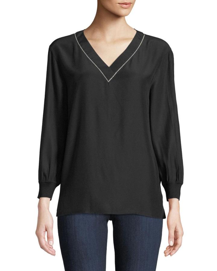 V-neck Long-sleeve Matte Silk Blouse W/ Rib Trim