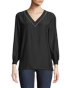 V-neck Long-sleeve Matte Silk Blouse W/ Rib Trim