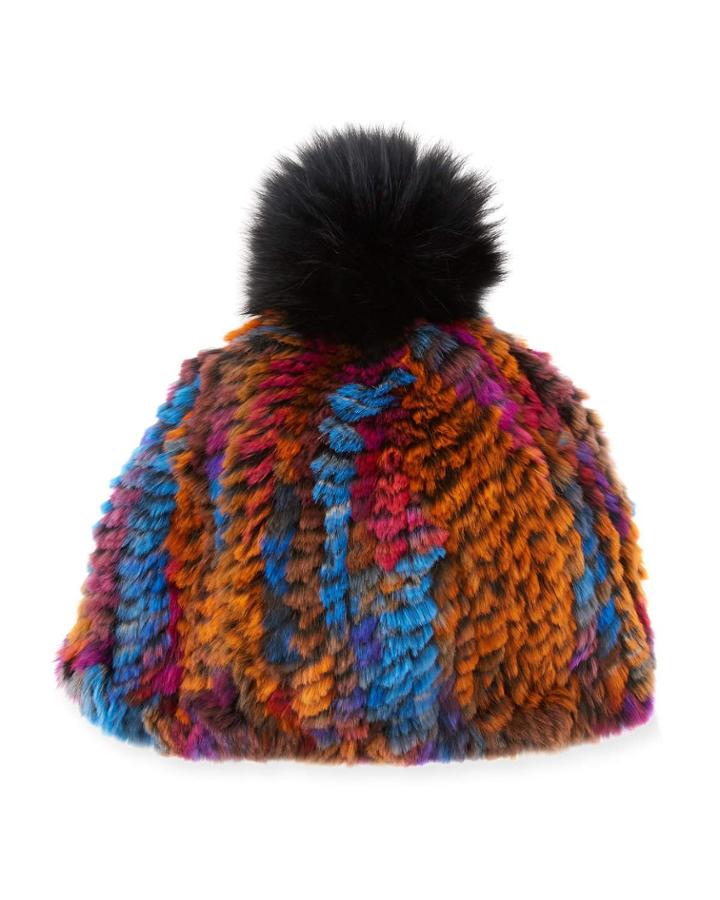 Knit Rabbit/fox Fur Multicolor Pompom Hat