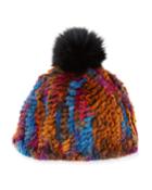 Knit Rabbit/fox Fur Multicolor Pompom Hat