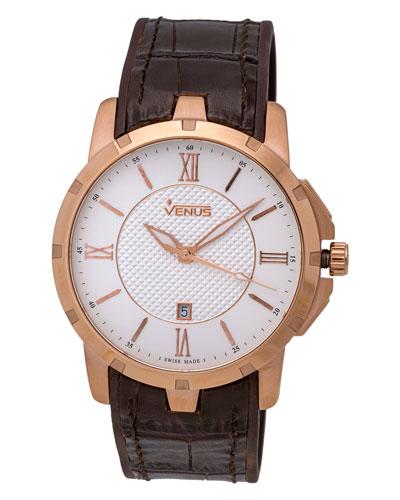 Slim Time-date Watch W/ Leather Strap, Rose Golden