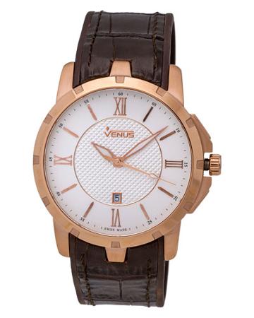 Slim Time-date Watch W/ Leather Strap, Rose Golden