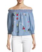 Citra Off-the-shoulder Denim Top With Sequin Appliques