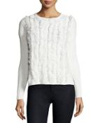Fitted Ribbed Sweater With Fringe Trim, Ivory