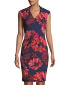 Floral-print Cap-sleeve V-neck Dress