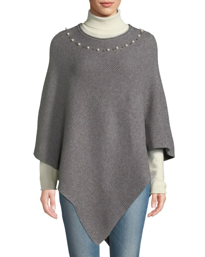 Pearly-neck Waffle-knit Poncho