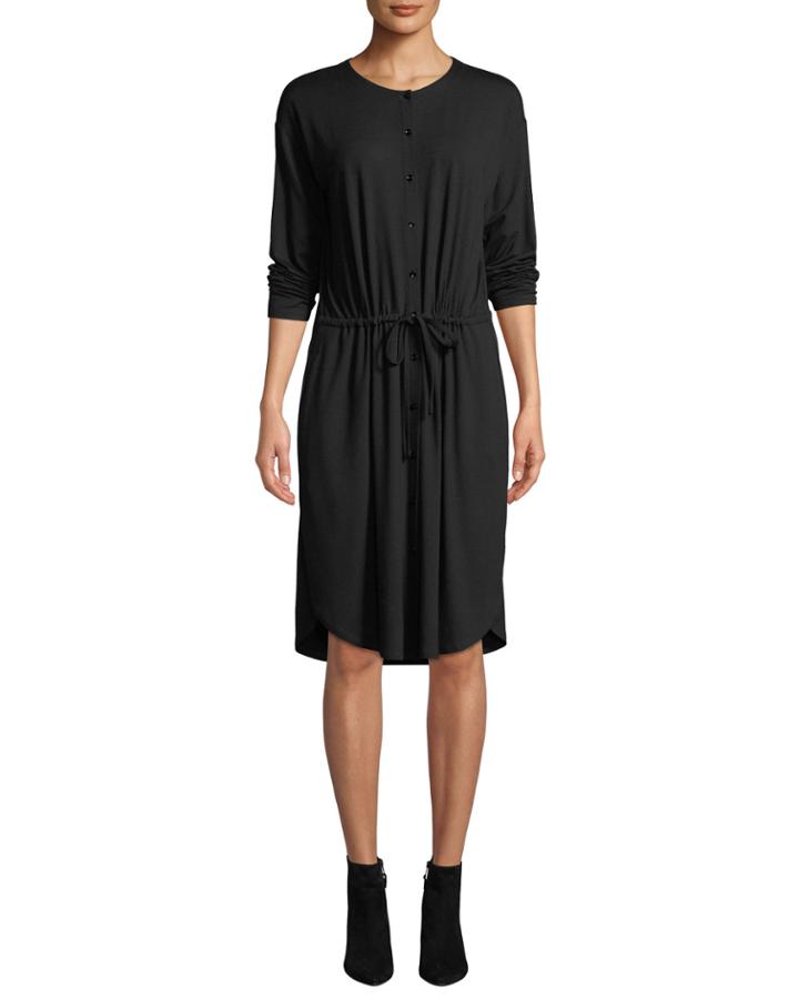 Long-sleeve Button-front Drawstring Jersey Dress