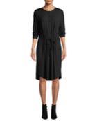 Long-sleeve Button-front Drawstring Jersey Dress