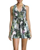 Topical-print Crisscross Sleeveless Dress, Green/multi